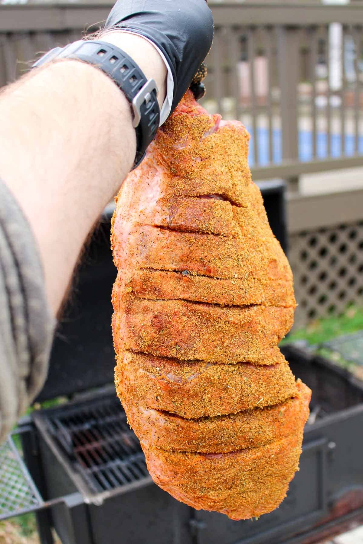 Leg of lamb with our FYR RED Hot Sauce and Chipotle Garlic Rub.