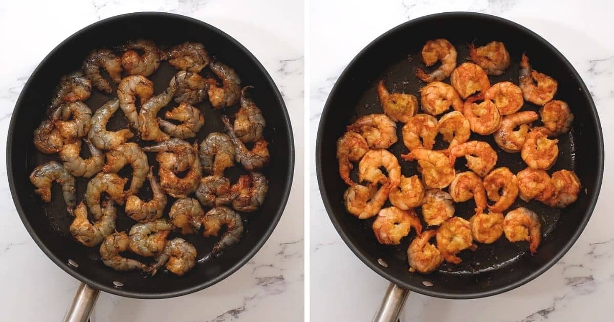 Side by side photo of shrimp before and after cooking.
