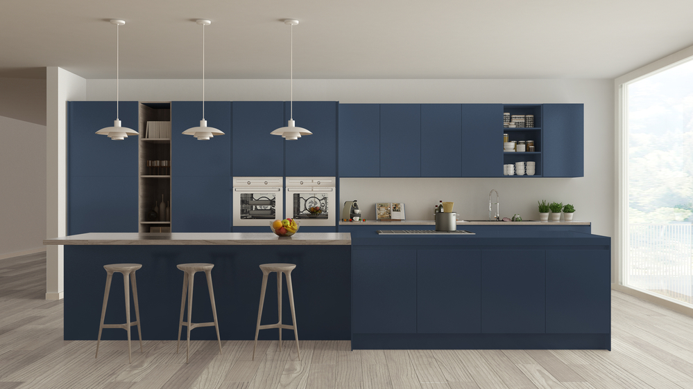Scandinavian white kitchen with wooden and blue details, minimalistic interior design
