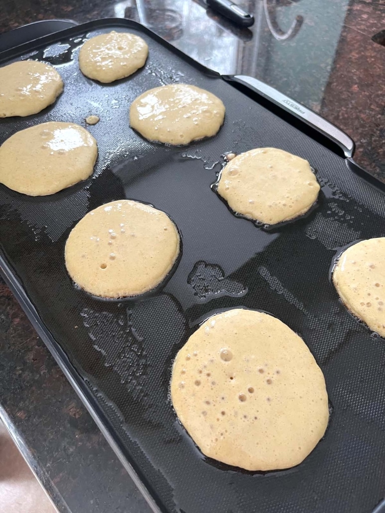 Cottage Cheese Pancake batter bubbling on the griddle