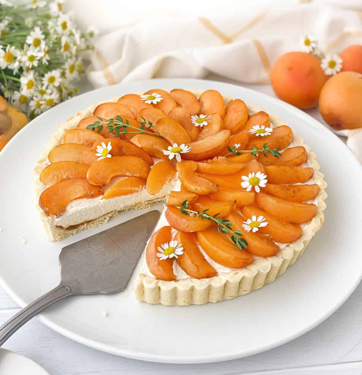 Sliced Apricot Tart on a white plate with a slice missing.