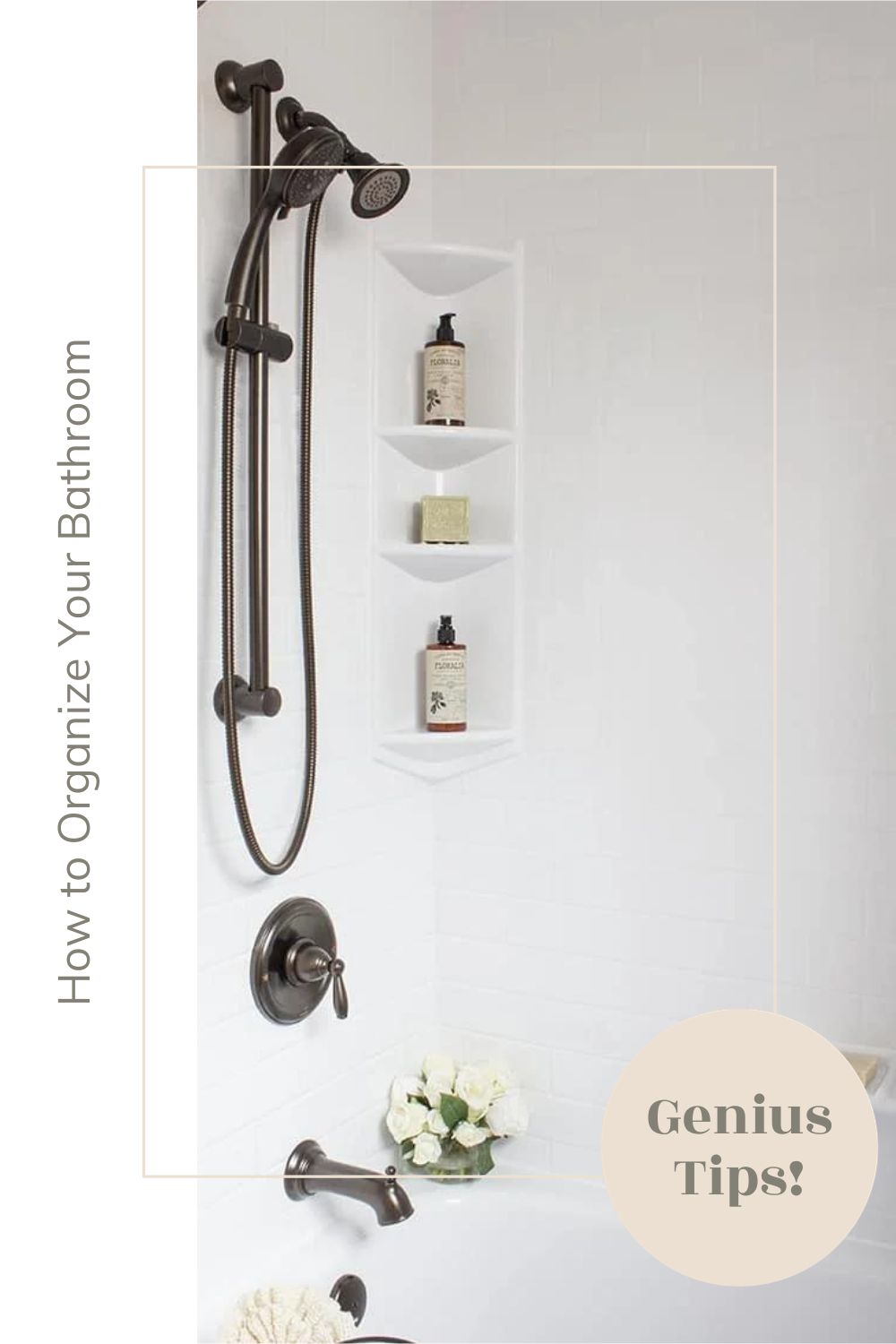 Built-in, three-shelf shower caddy. Text that reads, 