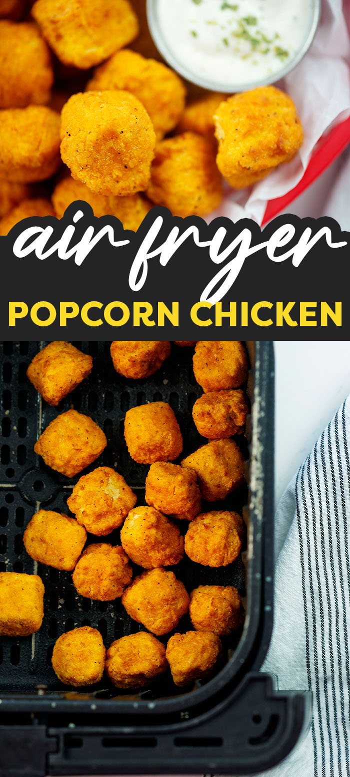 Air Fryer Popcorn Chicken is so easy! You can air fry it right from the freezer and it gets perfectly crispy in just 10 minutes. So much better than baked! Serve this popcorn chicken with your favorite sauce or dressing.
