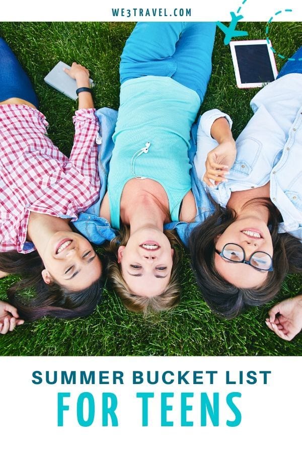 Summer bucket list for teens with three teen girls laying on grass