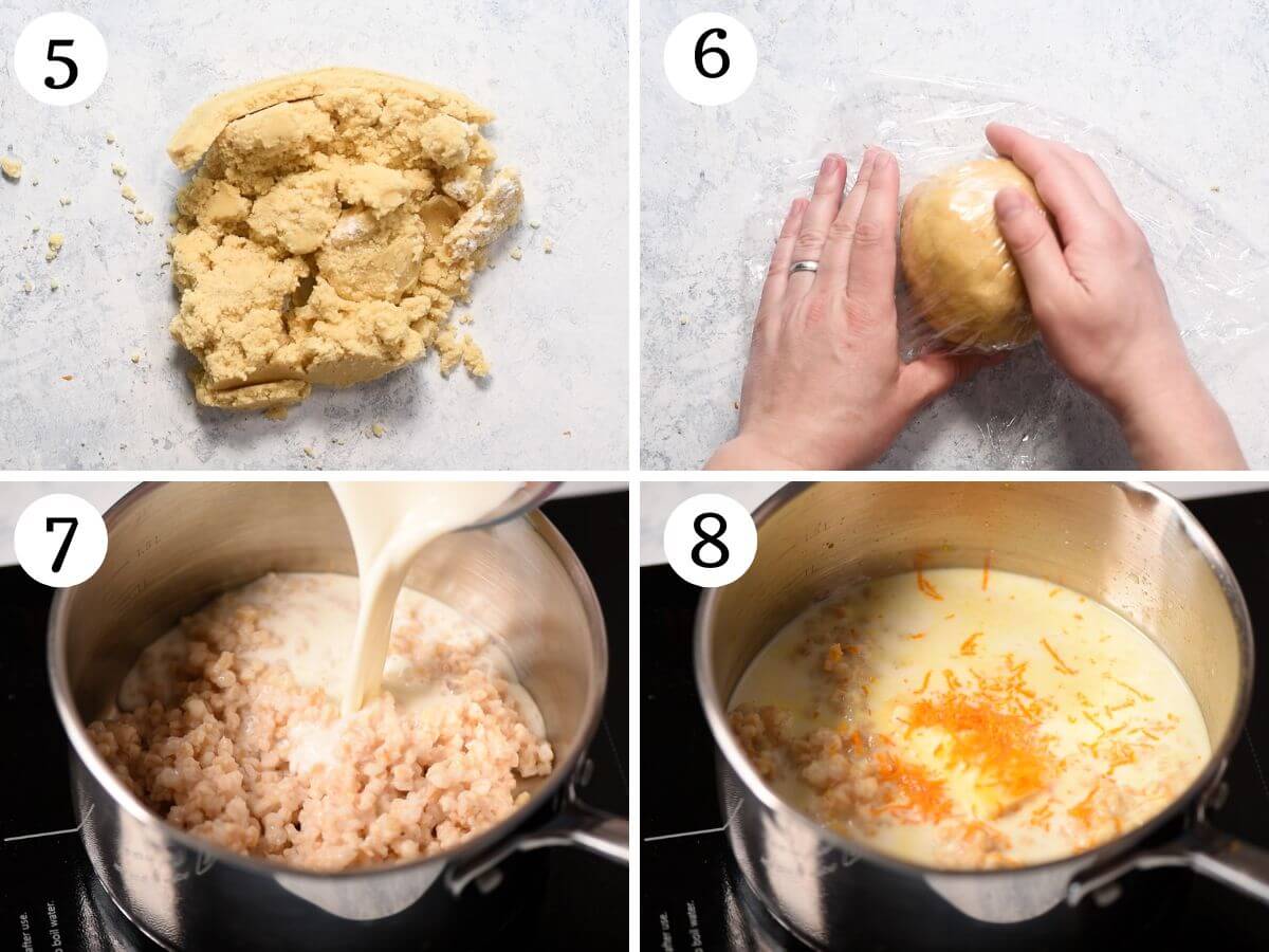 Four photos in a collage showing how to bring pastry together and make Grano Cotto for Pastiera.