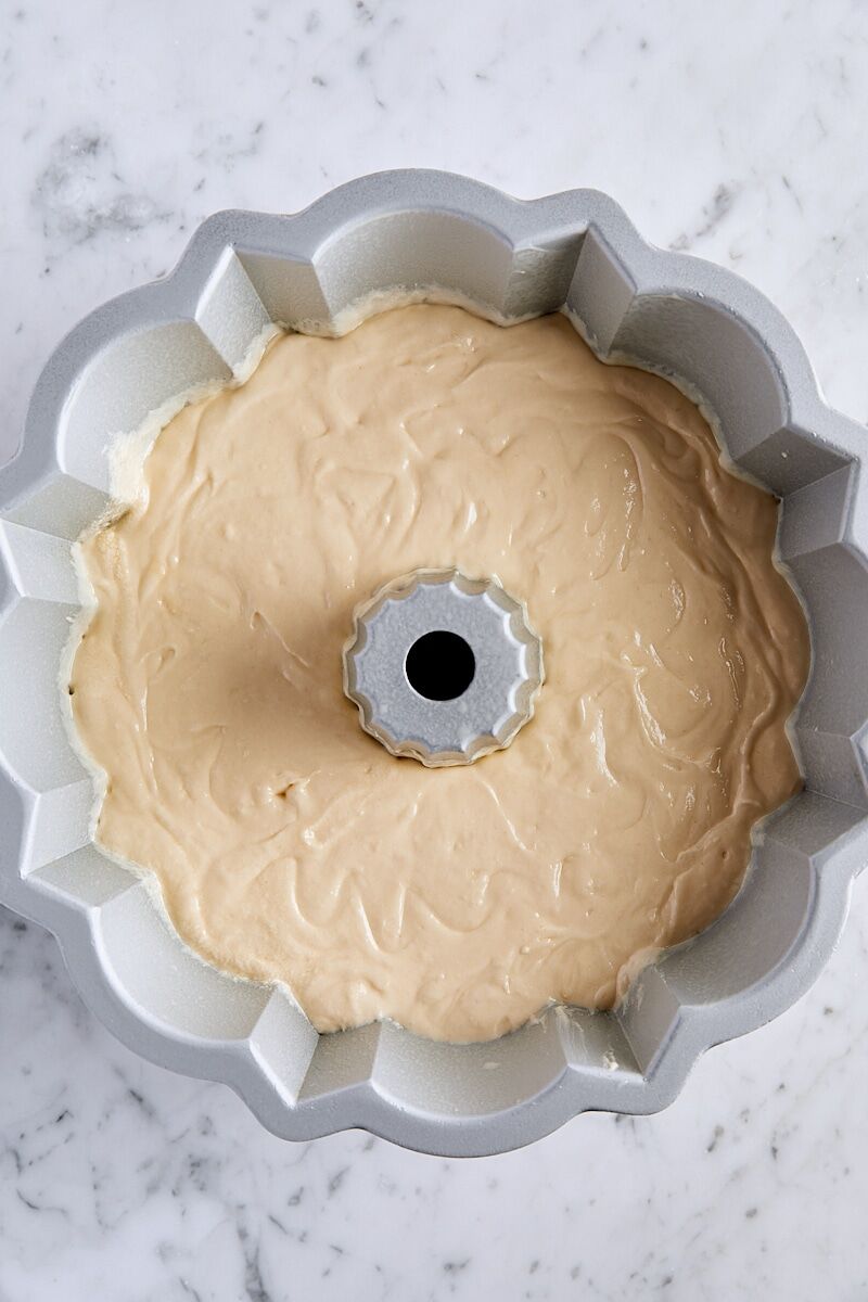 Sour cream pound cake batter in bundt pan
