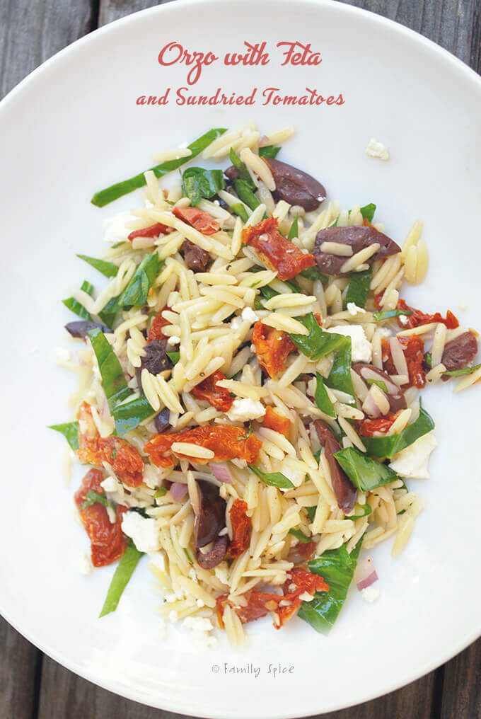 Orzo Pasta Salad with Feta and Sun Dried Tomatoes by FamilySpice.com
