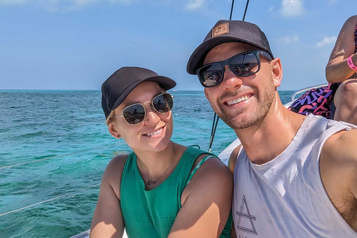 Daniel and Bailey take a selfie on a catamaran cruise Playa del Carmen, Mexico