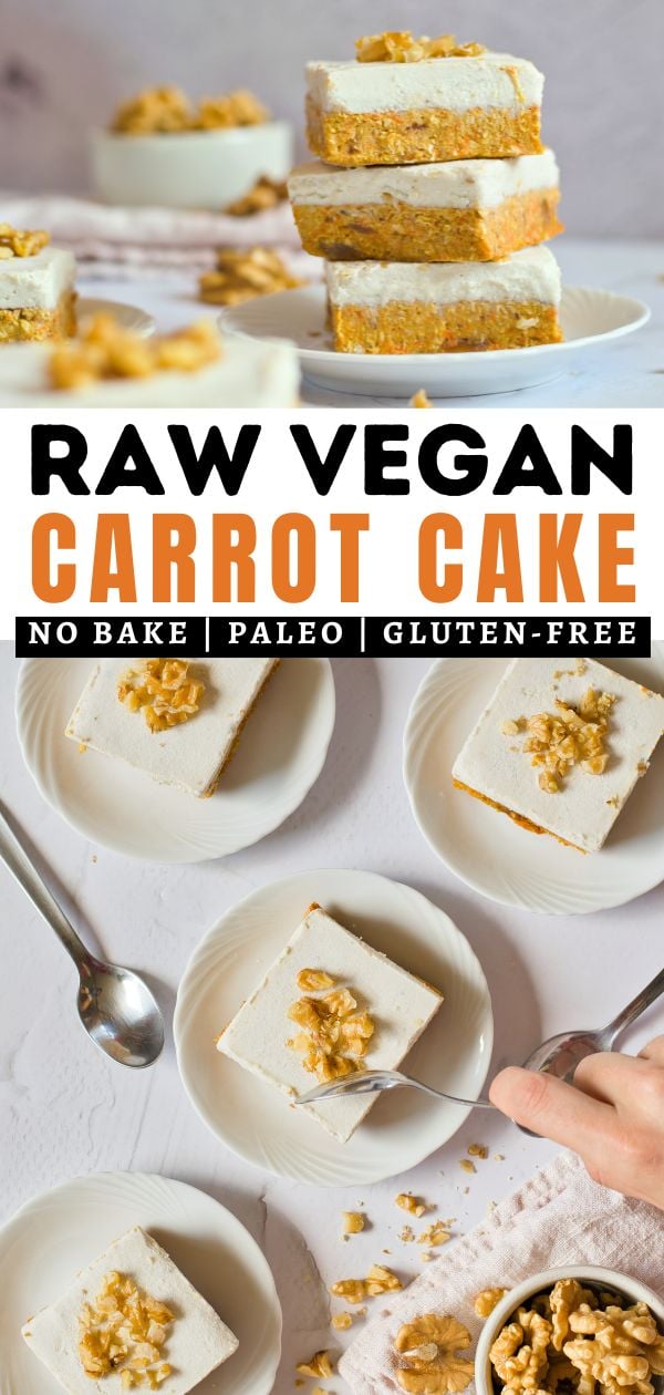 collage of raw carrot cake bars with text saying raw vegan carrot cake.