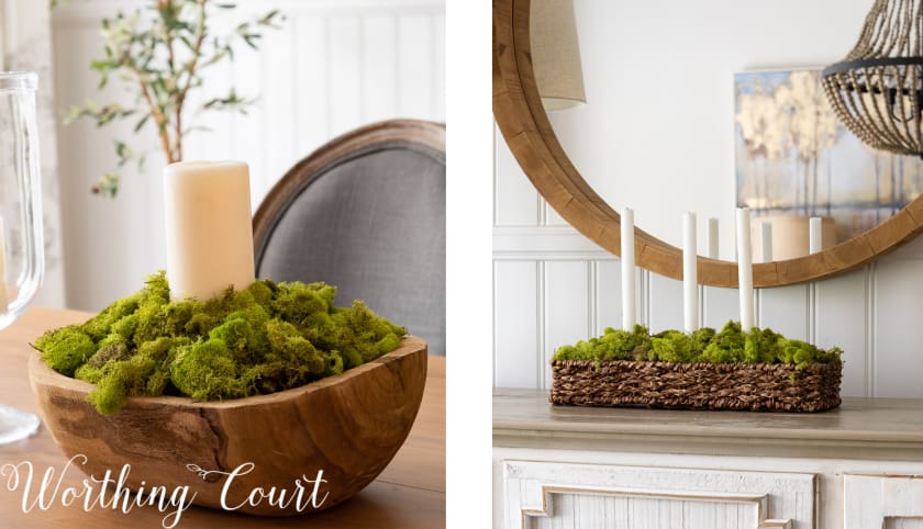 2 photos of moss bowls with white candles
