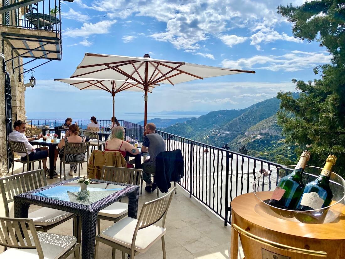 Outdoor terrace overlooking the Mediterranean at the Eze hotel called Chateau Eza